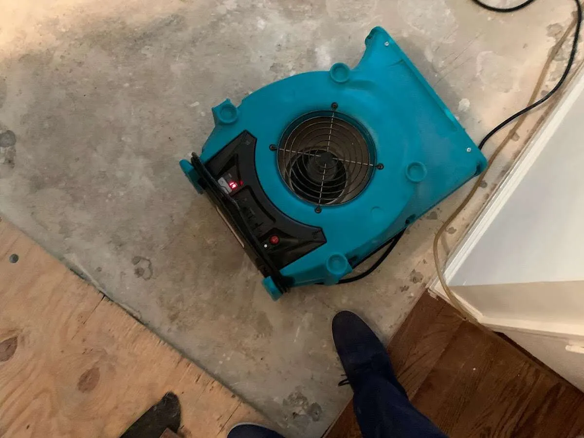 Air mover drying subfloor during Leak Detection & Repair in Neptune